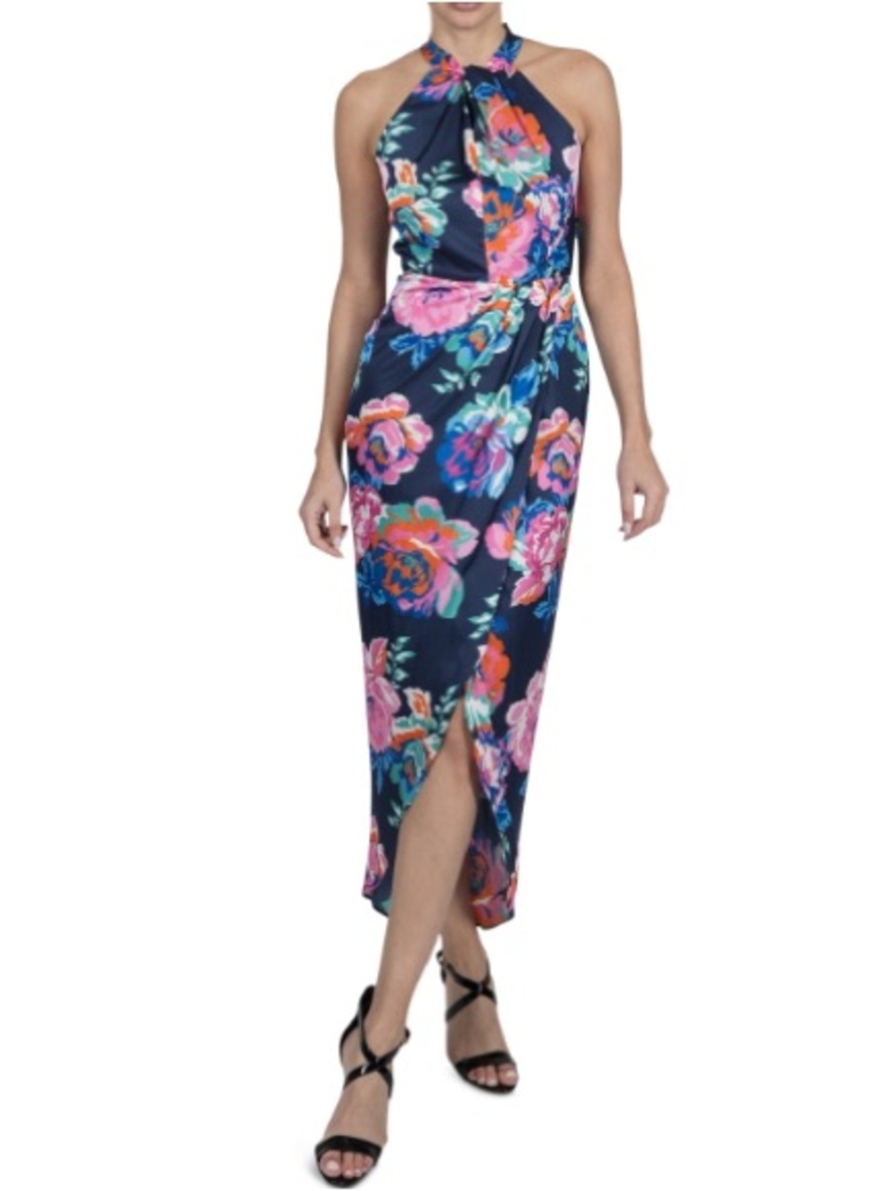 Julia Jordan Navy Halter Maxi Jumpsuit with Pink, Coral & Teal Floral Print